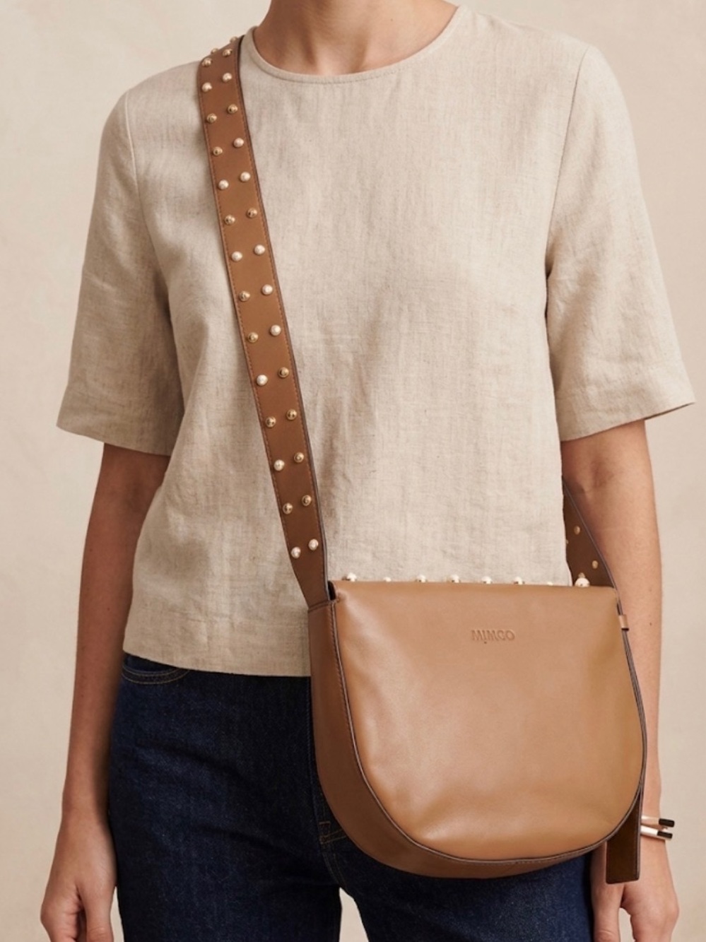 IMNYC Tan Crossbody Saddle Bag with Studded Strap and Magnetic Closure